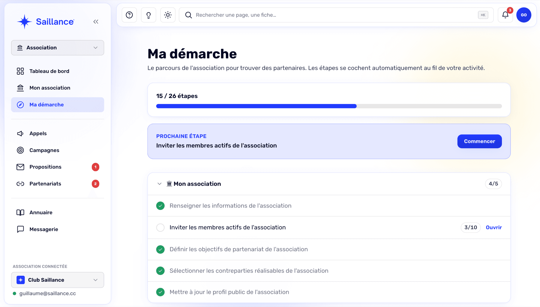 Écran « Ma démarche » : progression et prochaine étape