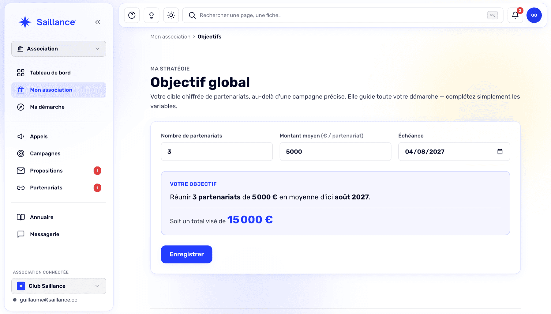 Écran « Objectif global » : cible chiffrée de partenariats